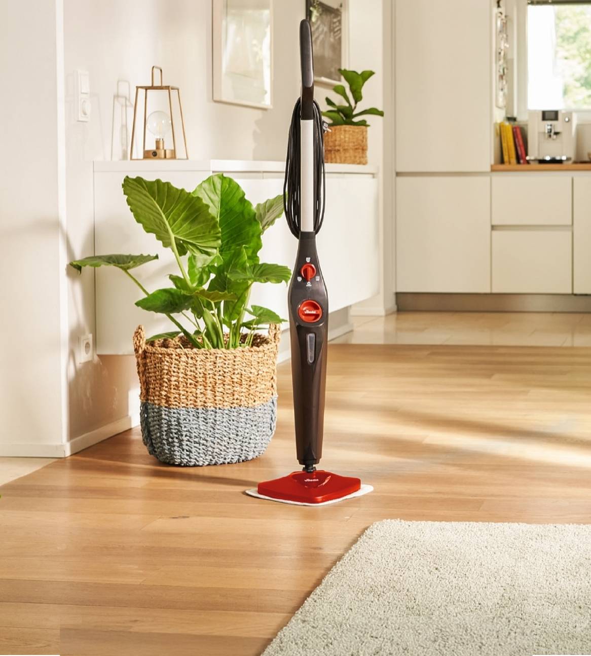 En Karcher dampmopper står på et trægulv ved siden af en plante i en kurv.