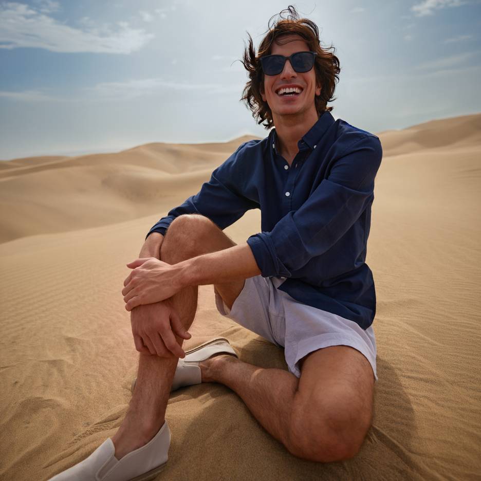 Smilende mand i blå skjorte og shorts, siddende på sandklitter.