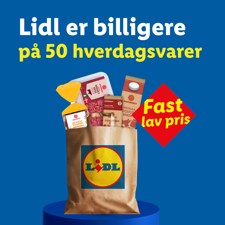 En papirspose fyldt med dagligvarer som hakket kød, fløde, rugbrød og yoghurt, med teksten 'Lidl er billigere på 50 hverdagsvarer' og 'Fast lav pris'.