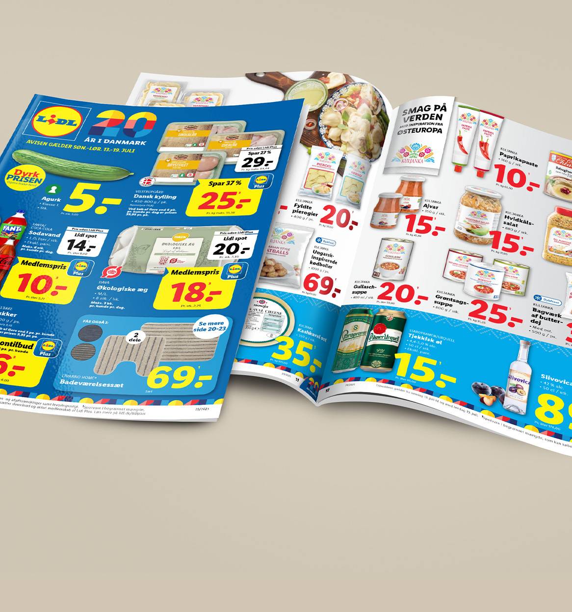 LIDL's tilbudsavise fremviser østeuropæiske specialiteter, f.eks. pierogier og gullaschsuppe, samt danske varer.