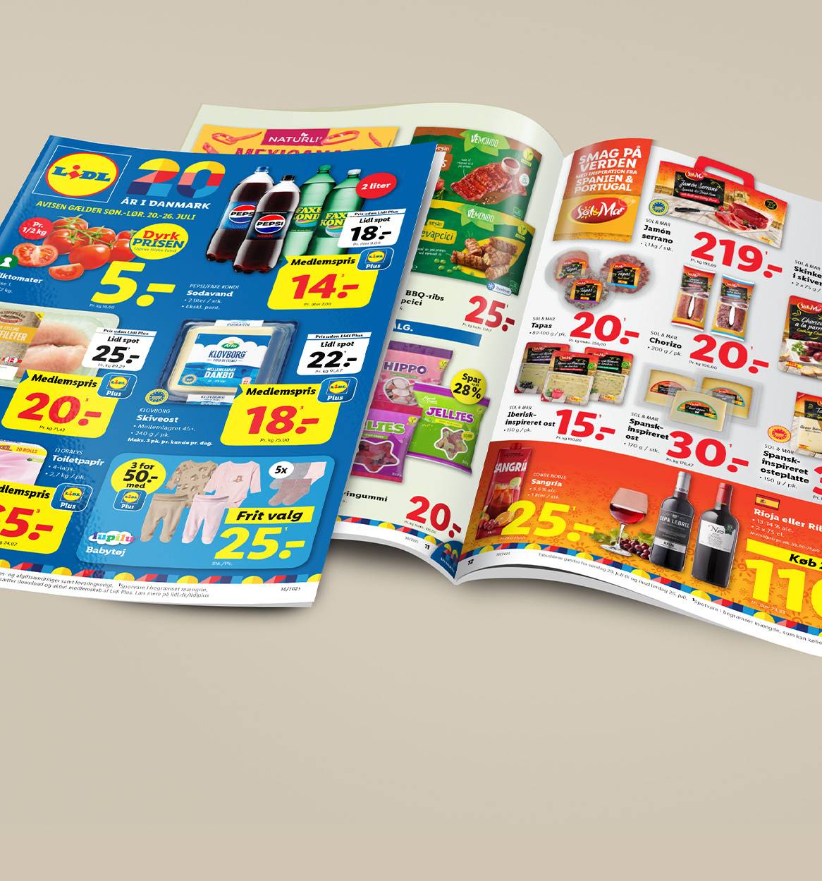 LIDL reklamefolder med tilbud på madvarer, drikkevarer og babyprodukter, herunder Pepsi, Kloverborg ost og Sol & Mar produkter.