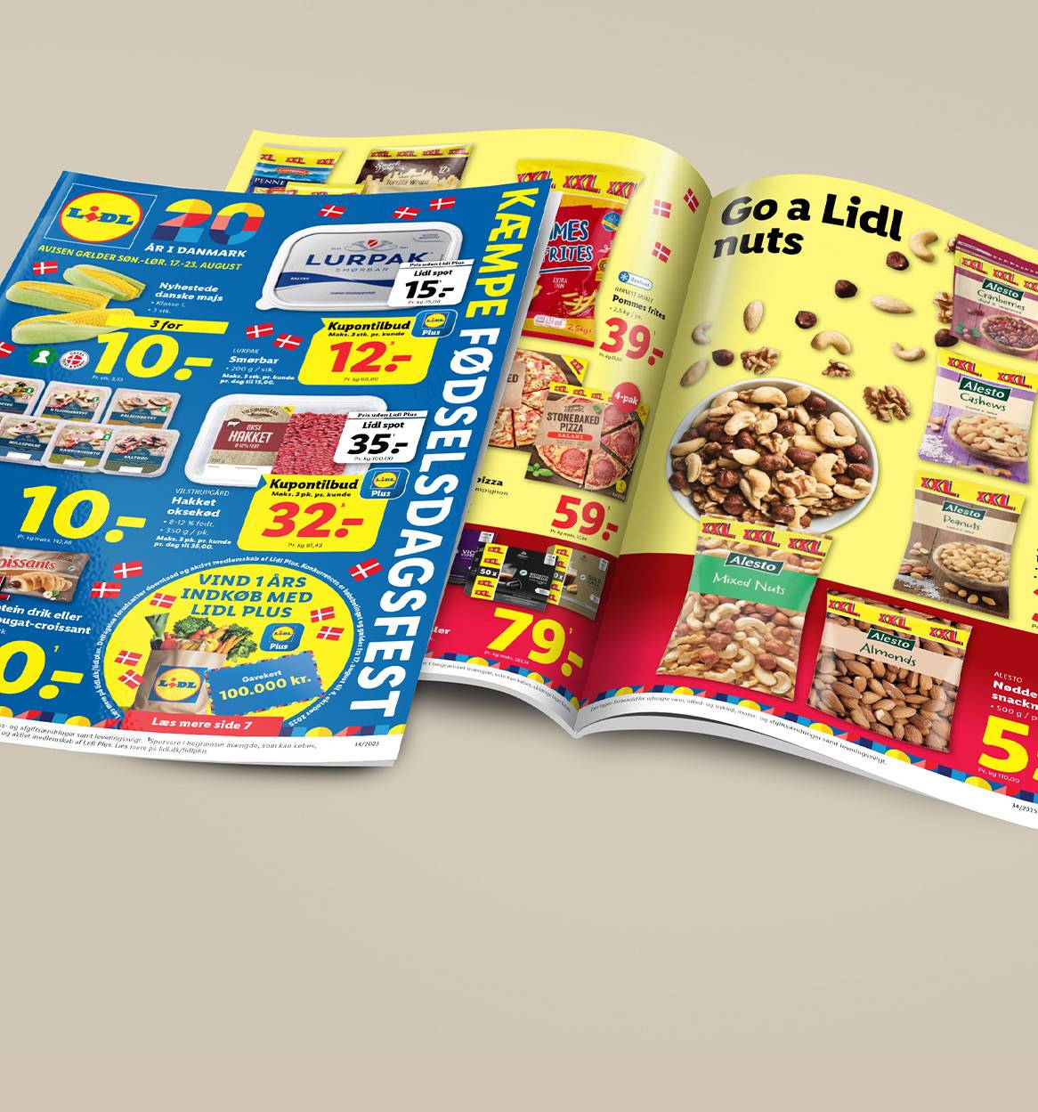Lidl-tilbudsavis med fokus på fødselsdagsfest, nødder, Lurpak smør og majs.