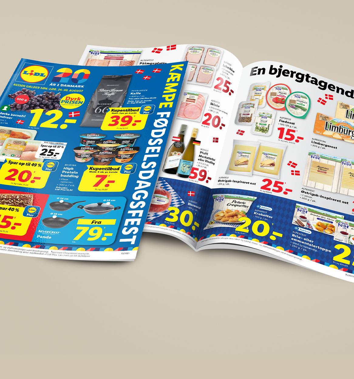 Lidl-tilbudsavis med fokus på fødselsdagsfesttilbud, herunder frugt, kaffe, mejeriprodukter og pander.