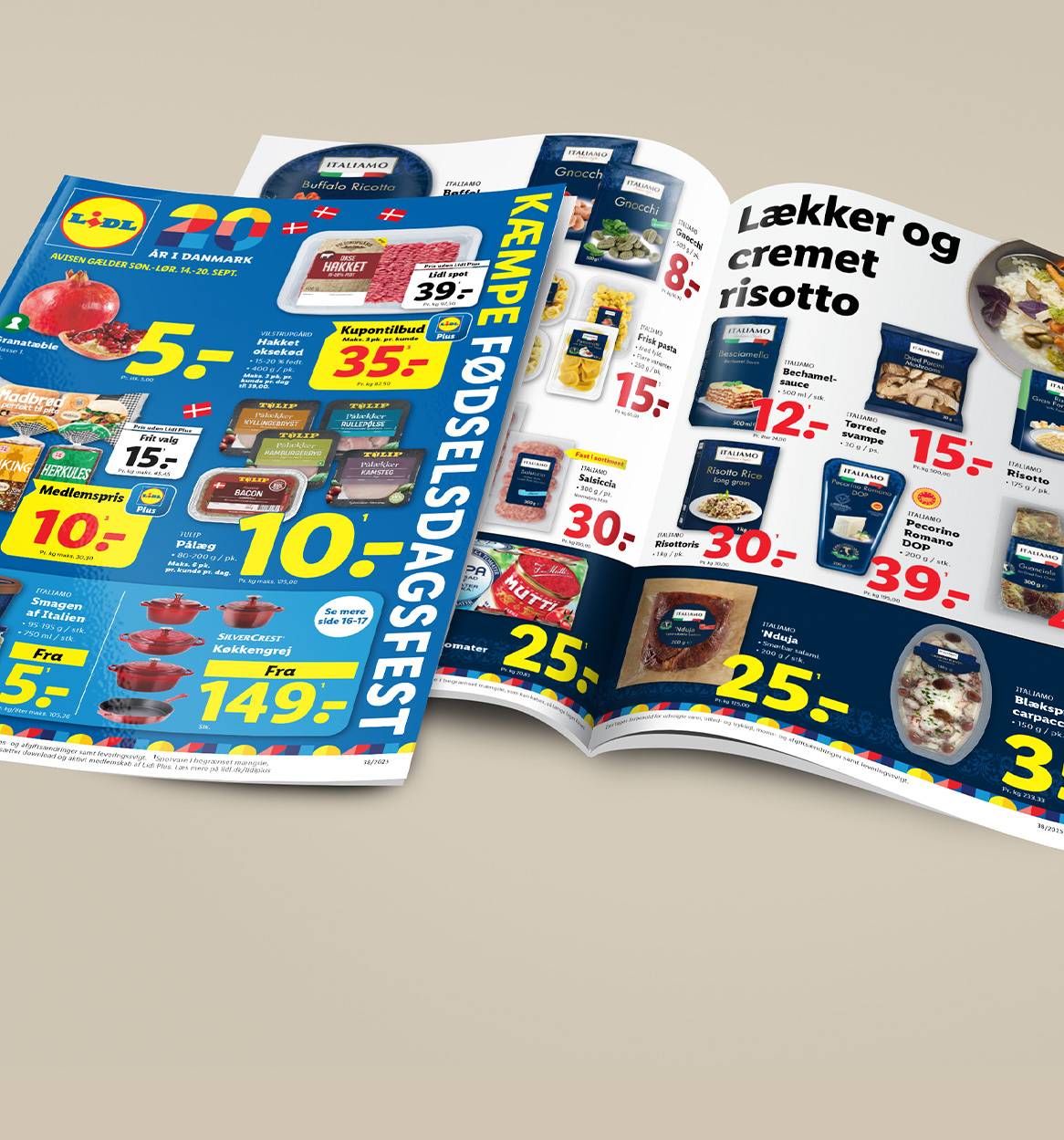 Lidl-tilbudsavis med fokus på italienske fødevarer, kød og køkkenudstyr.