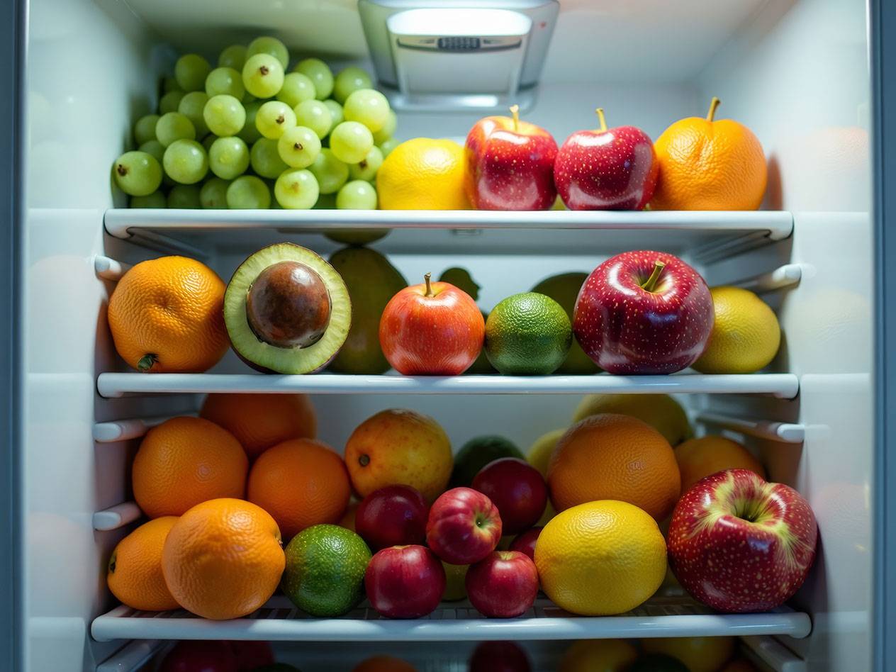 Grønne druer, æbler, appelsiner og avocadoer i køleskabet.